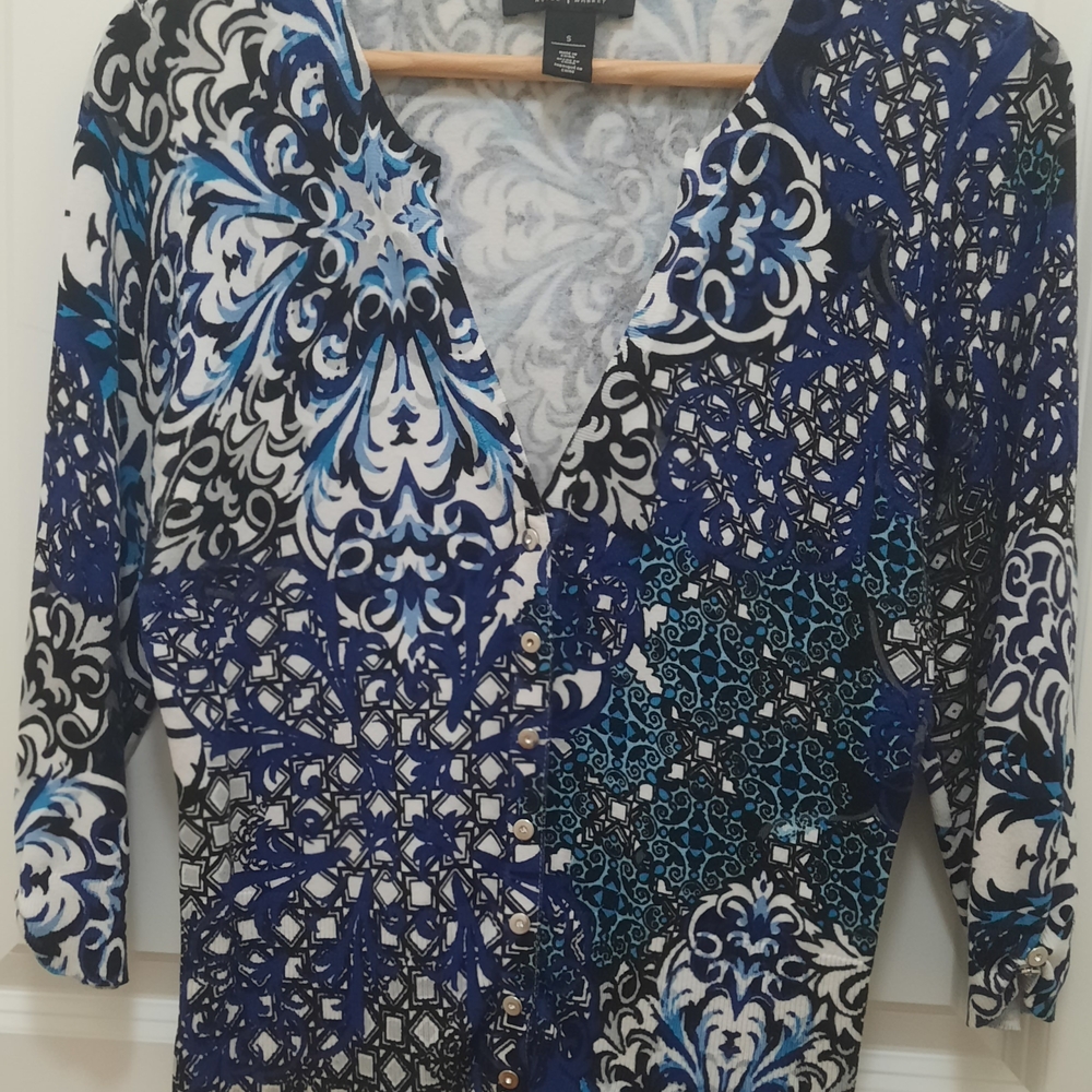 White House Black Market Blue and Black V-Neck Sweater